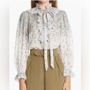 Zimmermann Carnaby Waterfall Floral Tie Neck Blouse size: 1 ( US 6 )